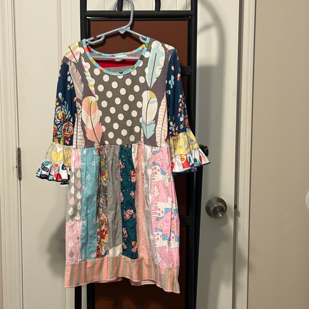 Girls' Multicolor Patchwork Ruffle-Sleeve Dress